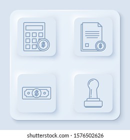Set line Calculator with dollar symbol, Finance document, Stacks paper money cash and Stamp. White square button. Vector