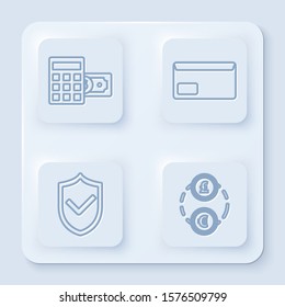 Set line Calculator with dollar symbol, Envelope, Shield with check mark and Money exchange. White square button. Vector