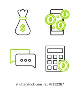 Set line Calculator with dollar symbol, Speech bubble chat, Smartphone and Money bag icon. Vector