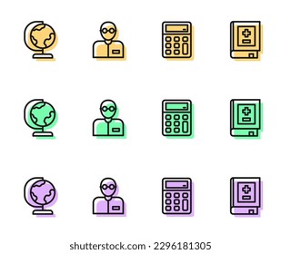 Fijar línea Calculadora, globo terrestre, Profesor y Libro con icono de matemáticas. Vector