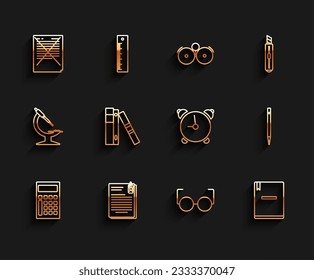 Set line Calculator, File document and paper clip, Exam with incorrect answers survey, Glasses, Notebook, Office folders papers documents, Pencil eraser and Alarm clock icon. Vector