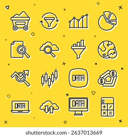 Set line Calculator, Financial growth, Pie chart infographic, Search cloud computing, Document with, Coal mine trolley and Sales funnel icon. Vector