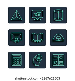 Set line Calculator, Function mathematical symbol, Geometric figure, Open book, Certificate template, Tetrahedron and Protractor icon. Vector
