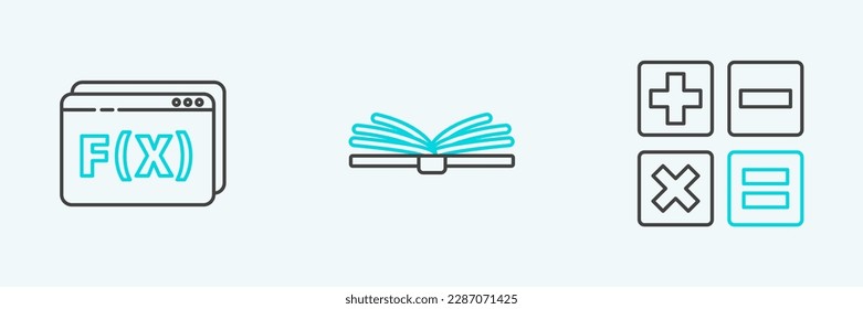 Set line Calculator, Function mathematical symbol and Open book icon. Vector