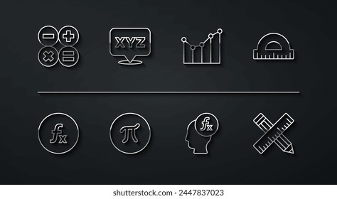 Set line Calculator, Function mathematical symbol, Protractor, Pi, XYZ Coordinate system, Crossed ruler and pencil and Graph, schedule, chart, diagram icon. Vector