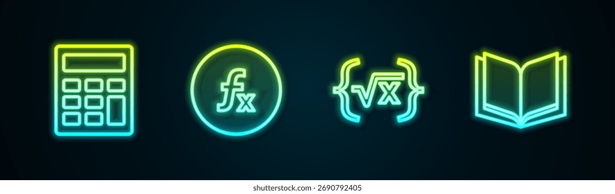 Definir a linha Calculadora, Símbolo matemático de função, Raiz quadrada do glifo x e Livro aberto. Ícone de néon brilhante. Vetor