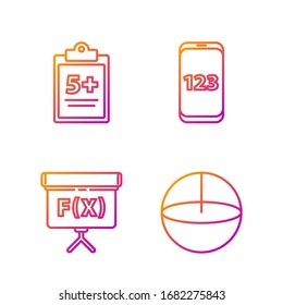 Set line Calculator, Geometric figure Cube, Mathematics function sine and Book with word mathematics. Gradient color icons. Vector