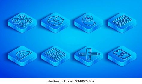 Set line Calculator, Geometric figure Cube, Function mathematical symbol, Crossed ruler and pencil, Protractor and Square root of x glyph icon. Vector