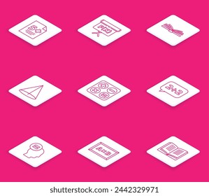 Set line Calculator, Geometric figure Cube, Mobile calculator interface, Graph, schedule, chart, diagram, Square root, Test exam sheet and Calculation icon. Vector