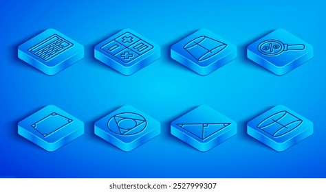 Definir a linha Calculadora, figura geométrica, Matemática triangular, Bissetor de ângulo de triângulo, Lupa com porcentagem, Forma trapezoide aguda e ícone Cilindro. Vetor