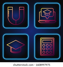 Set line Calculator, Graduation cap, Magnet and Graduation cap on screen laptop. Gradient color icons. Vector