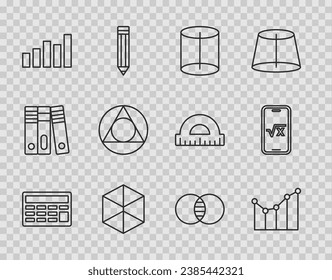 Set line Calculator, Graph, schedule, chart, diagram, Geometric figure, Cube, Triangle math, Mathematics sets A and B and Square root of x glyph icon. Vector