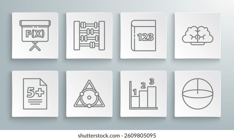 Set line Calculator, Graph, schedule, chart, diagram, Chalkboard, Test exam sheet and pen,  and Geometric figure Cube icon. Vector