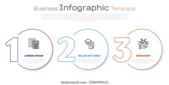 Set line Calculator, House contract and Bicycle rental mobile app. Business infographic template. Vector