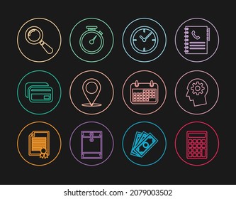 Fijar línea Calculadora, Cabeza humana con engranaje dentro, Reloj, Par de mapa, Tarjeta de crédito, Vidrio de aumento, Calendario e icono de Stopwatch. Vector