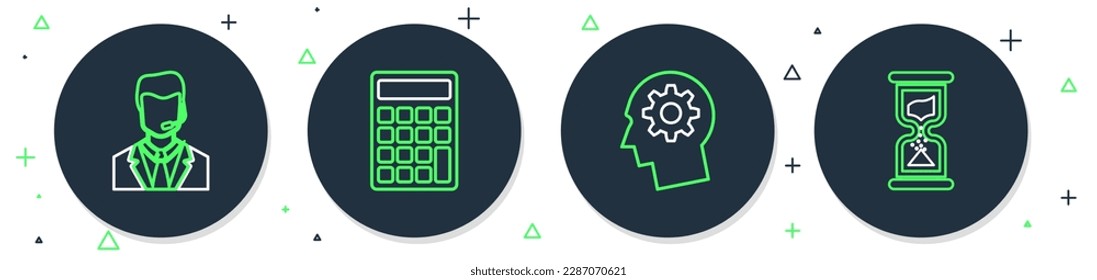 Set Line Calculator, menschlicher Kopf mit Getriebe innen, Man Headset und Old-Stundenglas-Symbol. Vektorgrafik