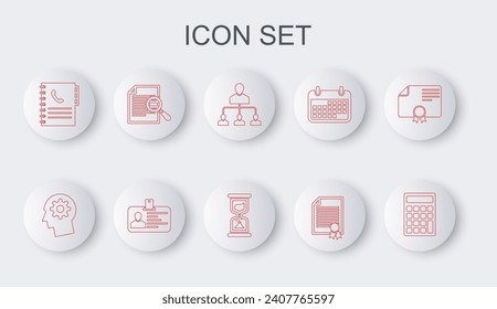 Establecer línea Calculadora, cabeza humana con equipo dentro, marketing de referencia, plantilla de certificado, libreta de teléfonos, búsqueda de documentos, insignia de identificación e icono de vidrio de hormigón antiguo. Vector