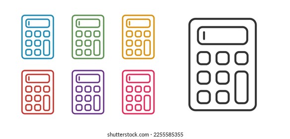 Establecer el icono Calculadora de línea aislado en fondo blanco. Símbolo de contabilidad. Cálculos empresariales, educación y finanzas matemáticas. Indique los iconos en colores. Vector