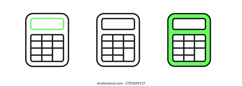Definir linha ícone da Calculadora isolado no fundo branco. Símbolo contábil. Cálculos de negócios matemática educação e finanças.  Vetor