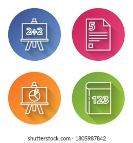 Set line Calculator, Infinity, XYZ Coordinate system and Test or exam sheet and pen. Color circle button. Vector