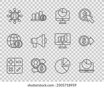 Set line Calculator, Laptop with graph chart, Computer monitor, Job promotion exchange money, Business network and communication, Megaphone, Pie infographic and Coin dollar icon. Vector
