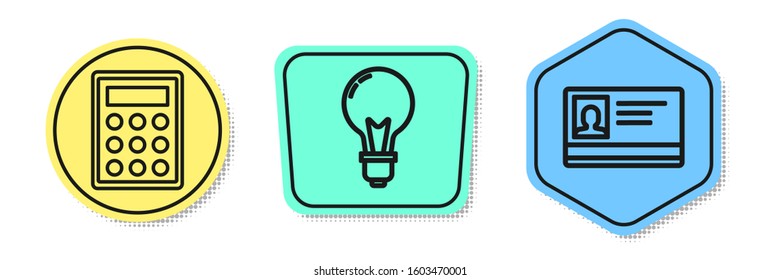 Set line Calculator, Light bulb with concept of idea and Identification badge. Colored shapes. Vector