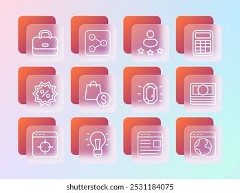 Set line Calculator, Light bulb, Diamond, Advertising, shopping bag and dollar, Consumer product rating, Briefcase and Share icon. Vector