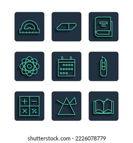 Set line Calculator, Light rays in prism, Open book, Book, Calendar, Atom, Protractor and Stationery knife icon. Vector