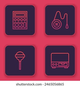 Set line Calculator, Lollipop, Yoyo toy and Old video cassette player. Blue square button. Vector