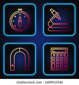 Set line Calculator, Magnet, Compass and Microscope. Gradient color icons. Vector