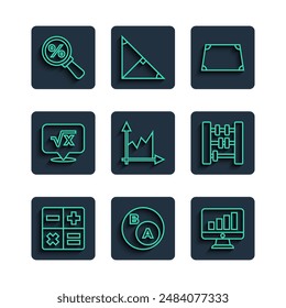 Set line Calculator, math, is subset of b, Computer monitor with graph chart, Acute trapezoid shape, Graph, schedule, diagram, Square root x glyph, Magnifying glass percent and Abacus icon. Vector