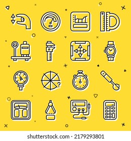 Set line Calculator, Measuring spoon, Wrist watch, Graph, schedule, chart, diagram, Calliper caliper and scale, Scale with suitcase, Approximate measurements and Area icon. Vector