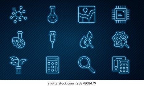 Set line Calculator, Microorganisms under magnifier, Graph chart infographic, Syringe, Test tube with toxic liquid, Molecule, Drop and magnifying glass and  icon. Vector
