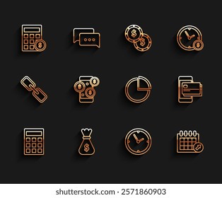 Set line Calculator, Money bag, with dollar symbol, Clock, Calendar, Smartphone, Mobile and credit card and Pie chart infographic icon. Vector