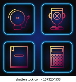 Set line Calculator, Notebook, Ringing alarm bell and Award cup. Gradient color icons. Vector