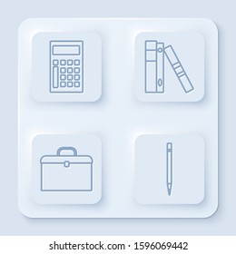 Set line Calculator, Office folders with papers and documents, Briefcase and Pencil with eraser. White square button. Vector