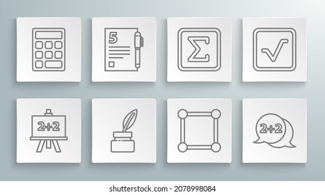 Set line Calculator, Open book, Chalkboard, with diagram, Geometric figure Cone, Square,  and Triangle math icon. Vector
