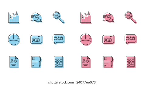 Set line Calculator, Open book, Graph, schedule, chart, diagram, Triangle math, Geometric figure Pentagonal prism, Tablet with calculator,  and  icon. Vector