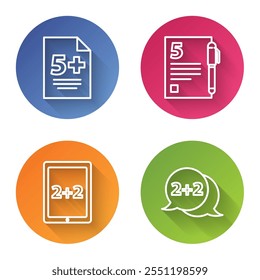 Set line Calculator, Open book, Calculation and Geometric figure Cone. Color circle button. Vector