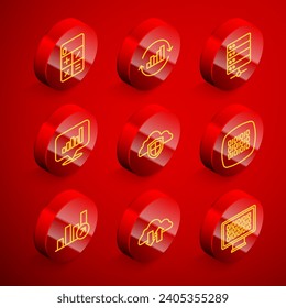 Set line Calculator, Pie chart infographic, Server, Cloud and shield, Binary code, Financial growth and download upload icon. Vector