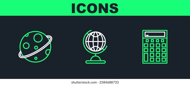 Set line Calculator, Planet and Earth globe icon. Vector