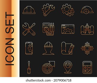Set line Calculator, Processor with microcircuits CPU, Graphing paper and compass, Gear, Multimeter, Screwdriver wrench spanner, Worker safety helmet and Browser setting icon. Vector