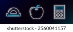 Set line Calculator, Protractor grid for measuring degrees and Apple icon. Glowing neon. Vector