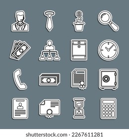 Set line Calculator, Safe, Clock, Dollar plant in the pot, Referral marketing, Stacks paper money cash, Man with headset and Envelope icon. Vector