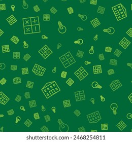 Set Linie Rechner, Schulgebäude und Glühbirne mit Konzept der Idee auf nahtlose Muster. Vektorgrafik