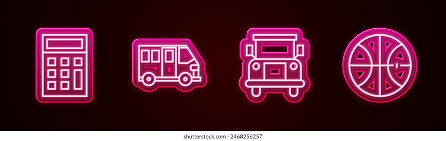 Set line Calculator, School Bus,  and Basketball ball. Glowing neon icon. Vector