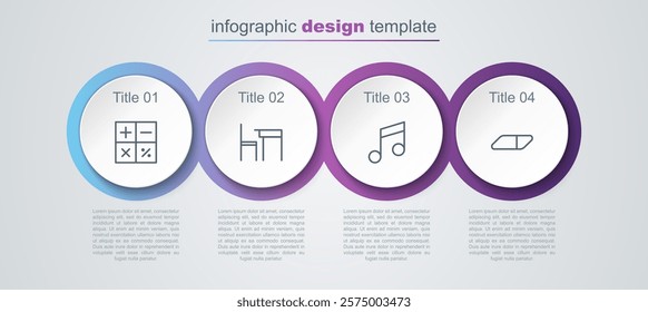 Set line Calculator, School table and chair, Music note, tone and Eraser rubber. Business infographic template. Vector