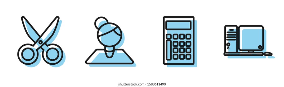 Set line Calculator, Scissors, Teacher and Computer monitor with keyboard and mouse icon. Vector