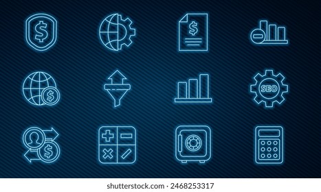 Set line Calculator, Seo tag with gear wheel, Contract money, Sales funnel arrows, Earth globe dollar, Shield, Pie chart infographic and Globe of the and icon. Vector