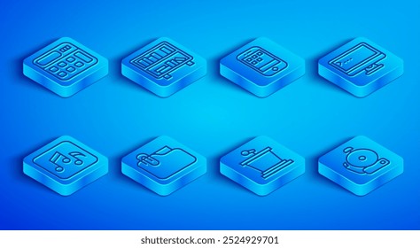 Calculadora de línea, estante con libros, teléfono inteligente, Clip de carpeta de documentos, soporte de escenario, monitor de computadora, nota de música, tono e ícono de campana de alarma. Vector